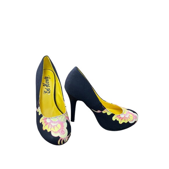 Ed Hardy Womens Black Pink Floral 4.5" Pump Heels Size 7 SKU 9116 - Picture 1 of 10